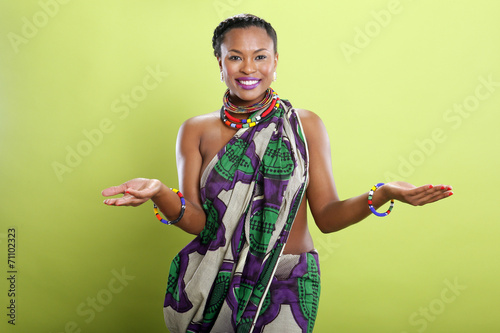 Caribbean girl in pattern fabric tunic