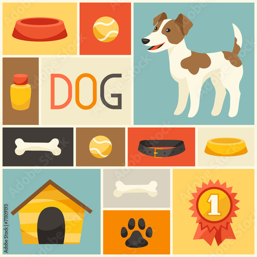 Background with cute dog, icons and objects.