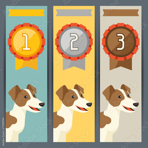 Award vertical banners with dog winning medal.