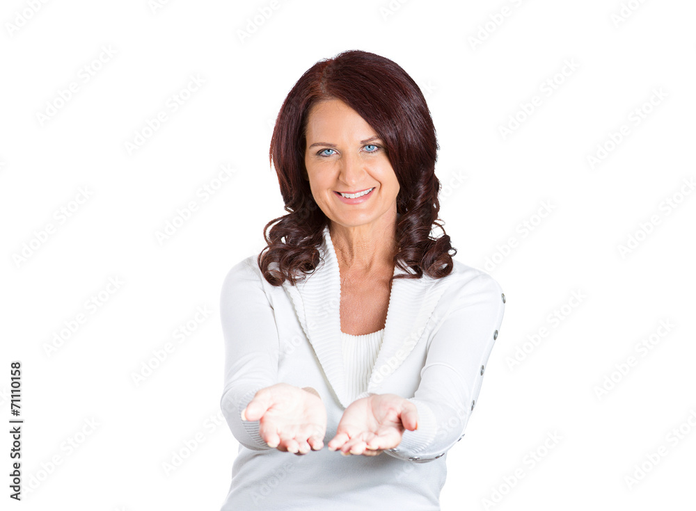 smiling woman, with raised up palms hands offers help smiling woman, with raised up palms hands offers help