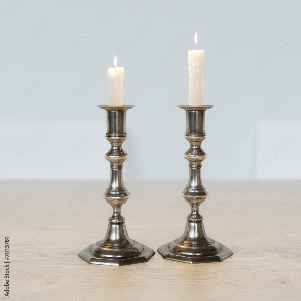 Retro Candelabra With Burning Candles On The Kitchen Table