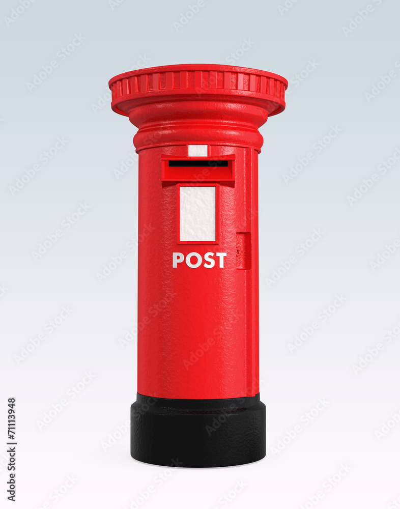 Red British postbox isolated on blue background Red British postbox isolated on blue background