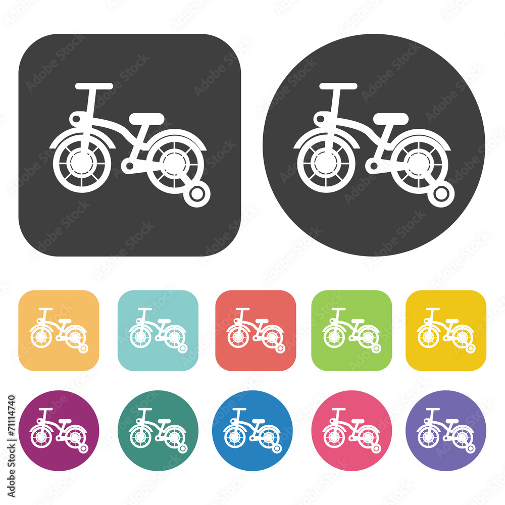Bicycle With Training Wheels Icons Set. Round And Rectangle Colo Bicycle With Training Wheels Icons Set. Round And Rectangle Colo