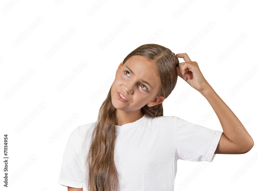 girl scratching head, thinking remembering white background girl scratching head, thinking remembering white background