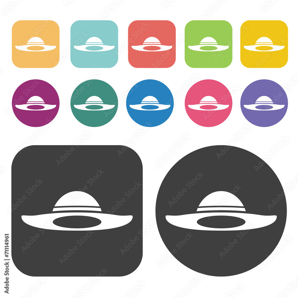 Sun Hat Icon. Clothes Flat Icons Set. Round And Rectangle Colour