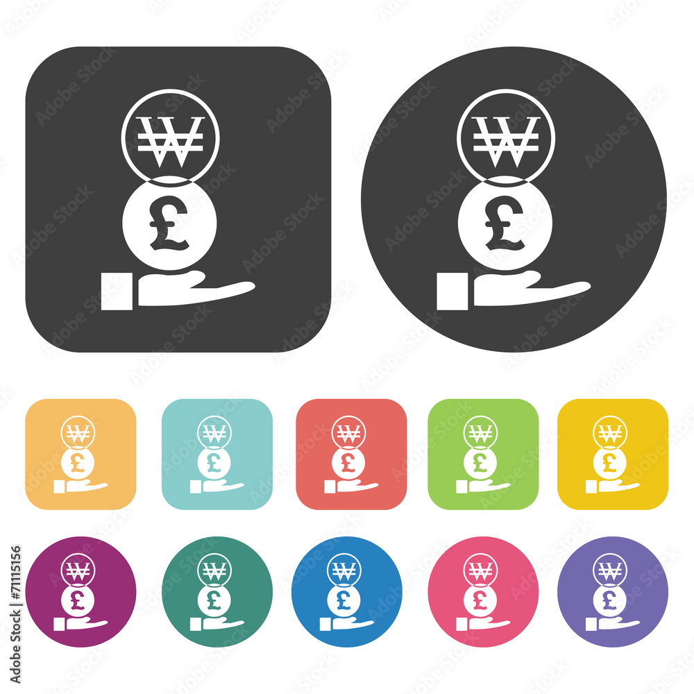 Won And Pound Sign Icon. Currency Exchange Sign Icons Set. Round Won And Pound Sign Icon. Currency Exchange Sign Icons Set. Round