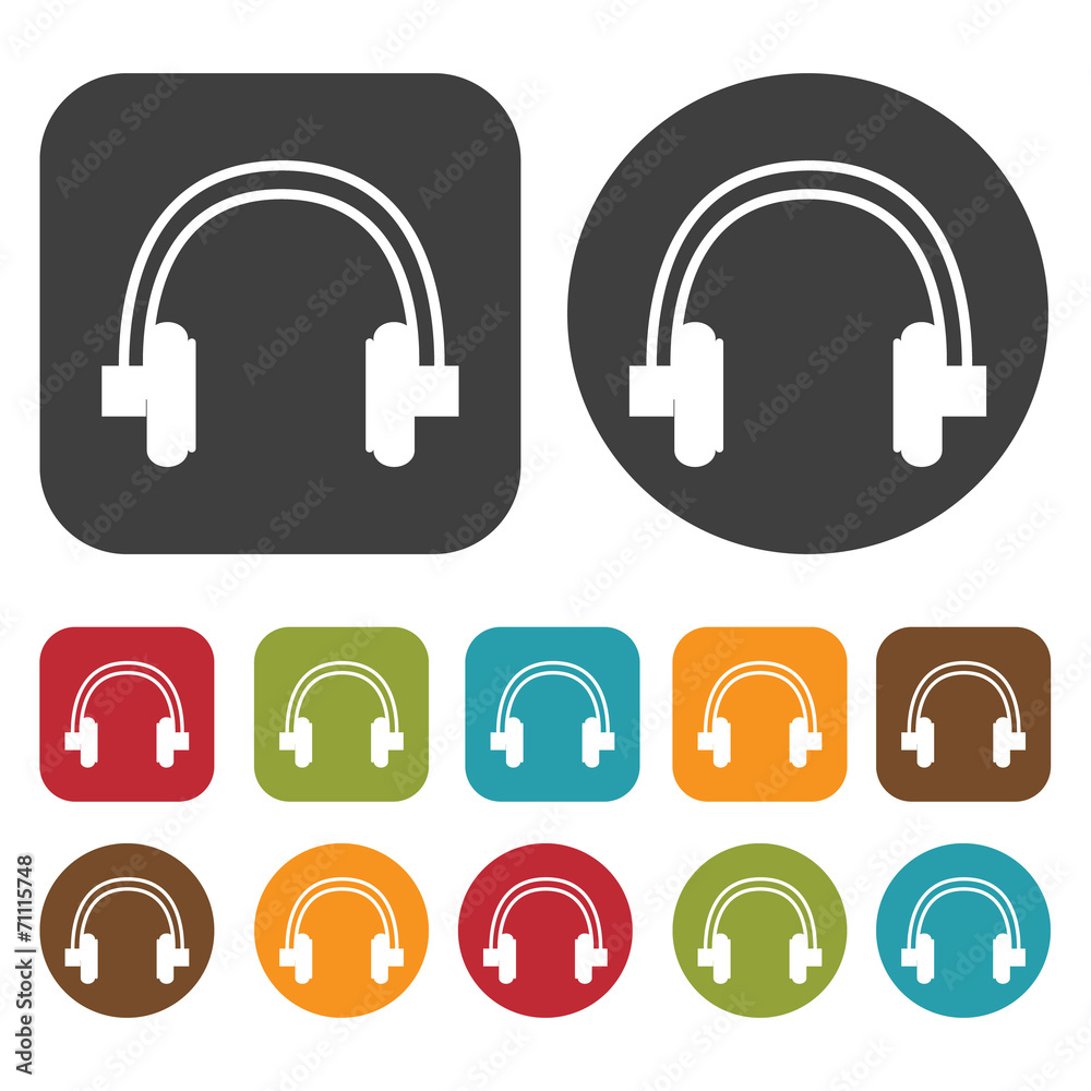 Headphones icons set. Round and rectangle colourful 12 buttons. Headphones icons set. Round and rectangle colourful 12 buttons.