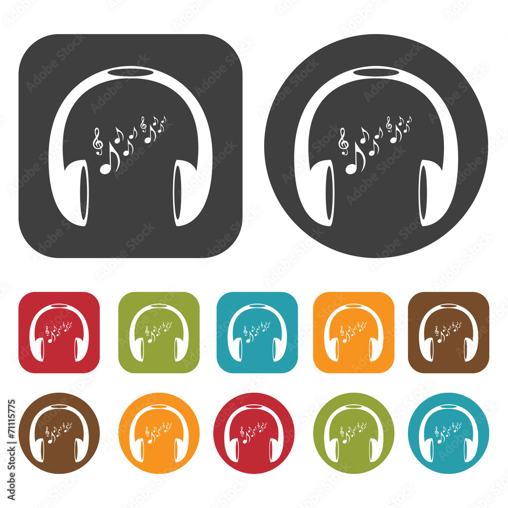 Headphones playing music icons set. Round and rectangle colourfu Headphones playing music icons set. Round and rectangle colourfu