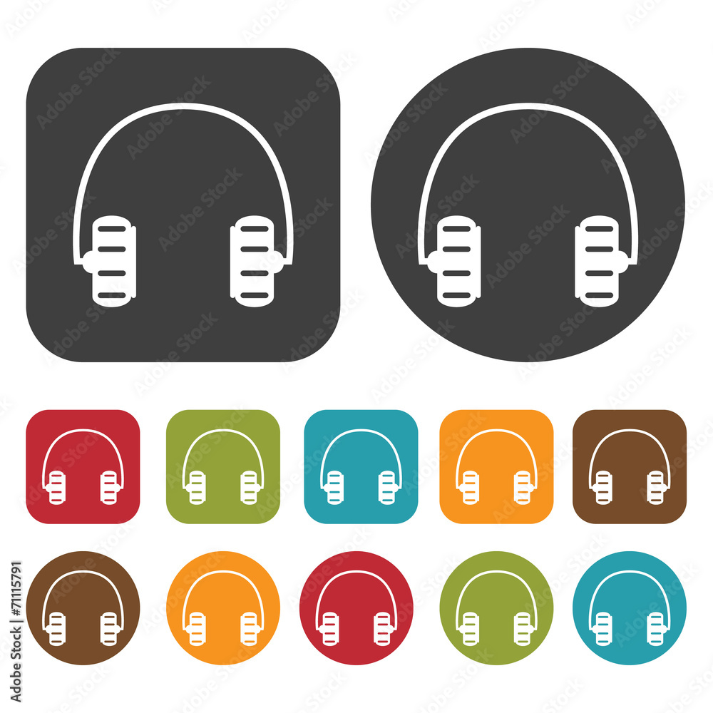 Headphones striped earpiece icons set. Round and rectangle colou Headphones striped earpiece icons set. Round and rectangle colou
