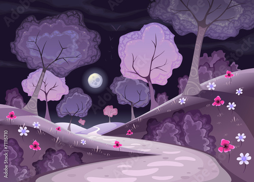 Landscape with trees and path in the night.