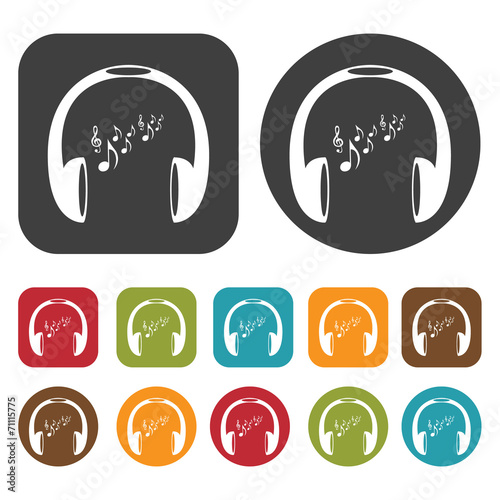 Headphones playing music icons set. Round and rectangle colourfu photo