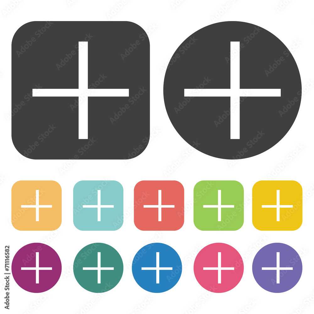 Plus symbol icon. Mouse cusor sign icons set. Round and rectangl Plus symbol icon. Mouse cusor sign icons set. Round and rectangl