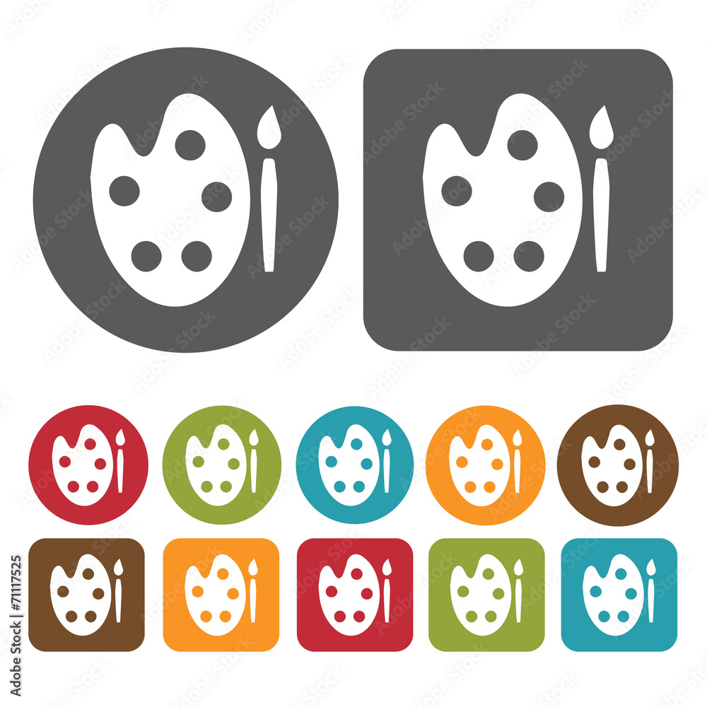Easel And Brush Icon. Recreation Icons Set. Round And Rectangle Easel And Brush Icon. Recreation Icons Set. Round And Rectangle