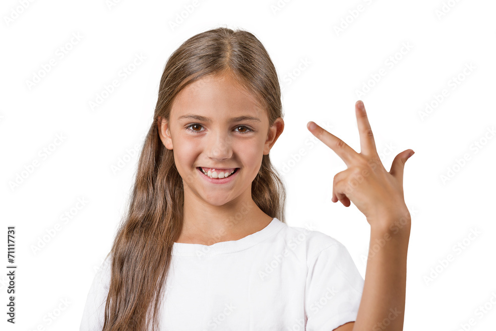 girl showing three fingers number 3 gesture white background girl showing three fingers number 3 gesture white background