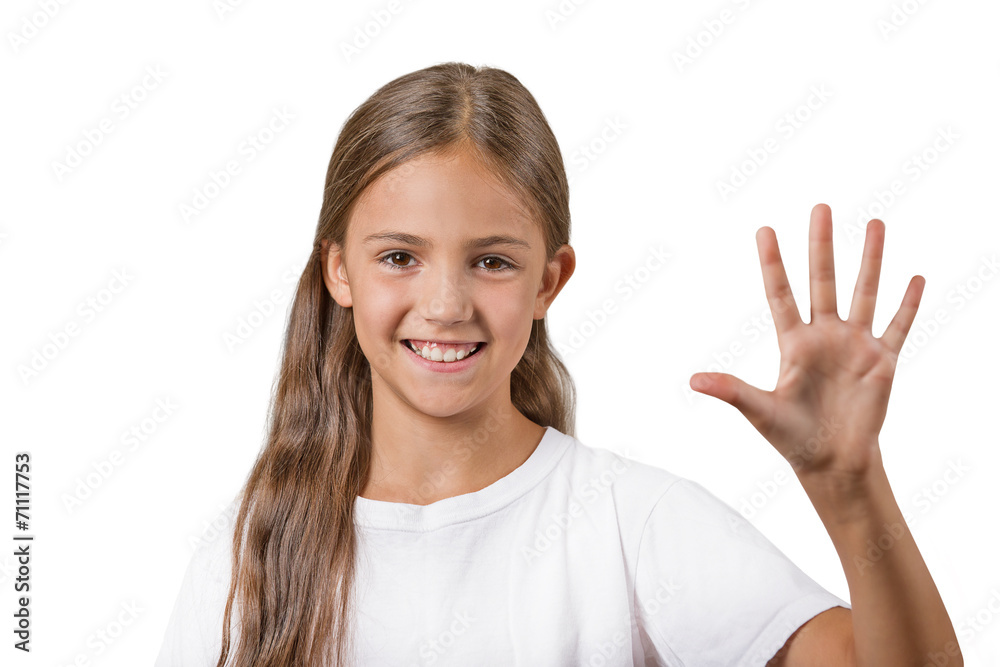 girl making five times sign gesture with hand white background girl making five times sign gesture with hand white background
