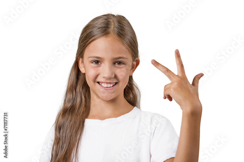 girl showing three fingers number 3 gesture white background 