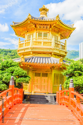 Gold Chinese pavilion at the park of Hong Kong