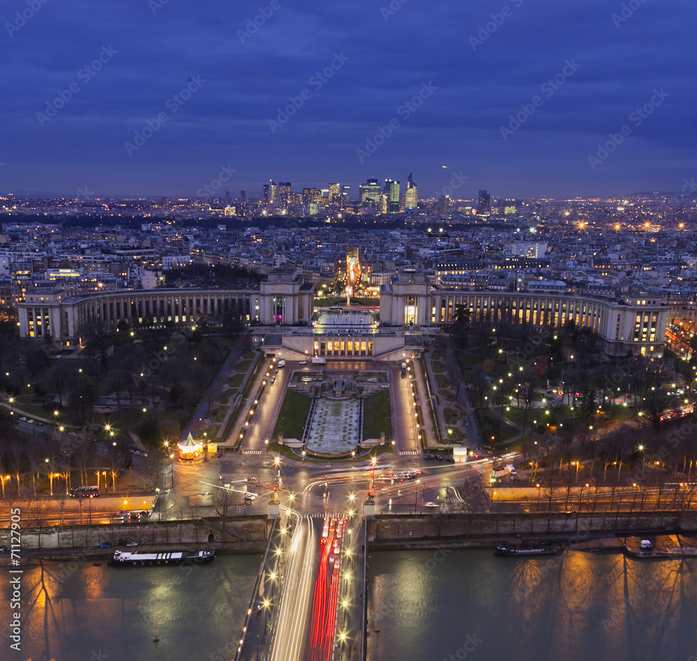 Aerial view of Paris at night, France.