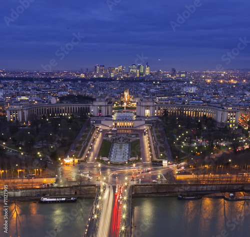 Aerial view of Paris at night, France.