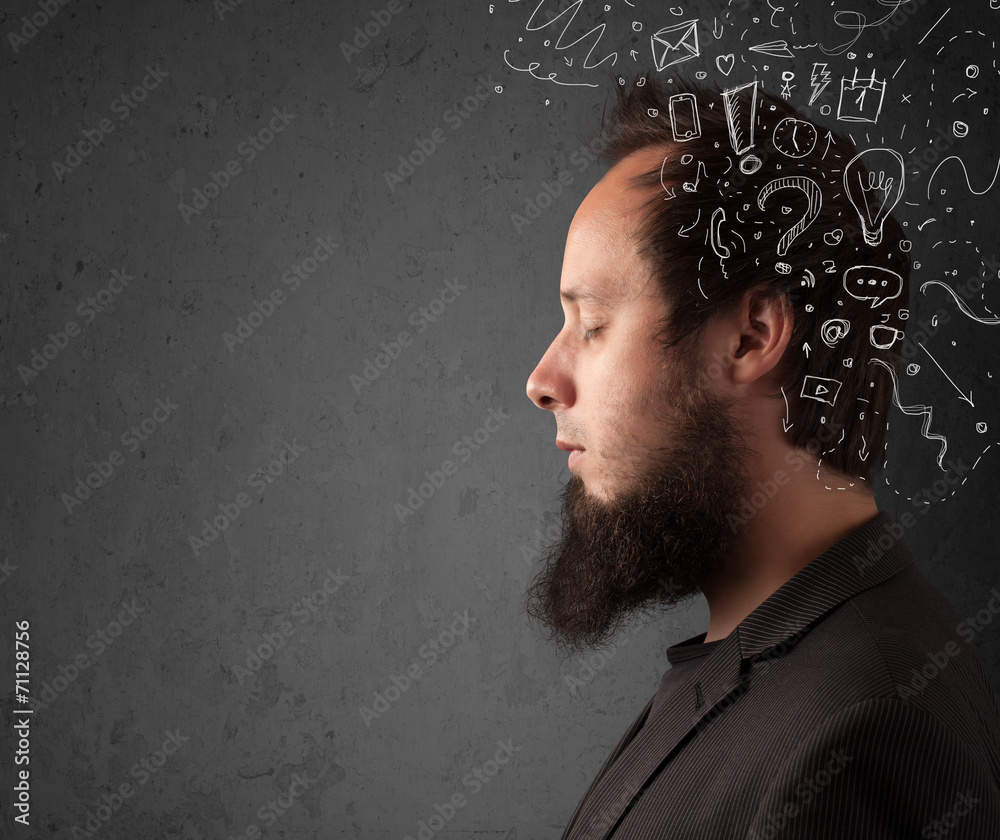 Young man thinking with abstract lines and symbols Young man thinking with abstract lines and symbols