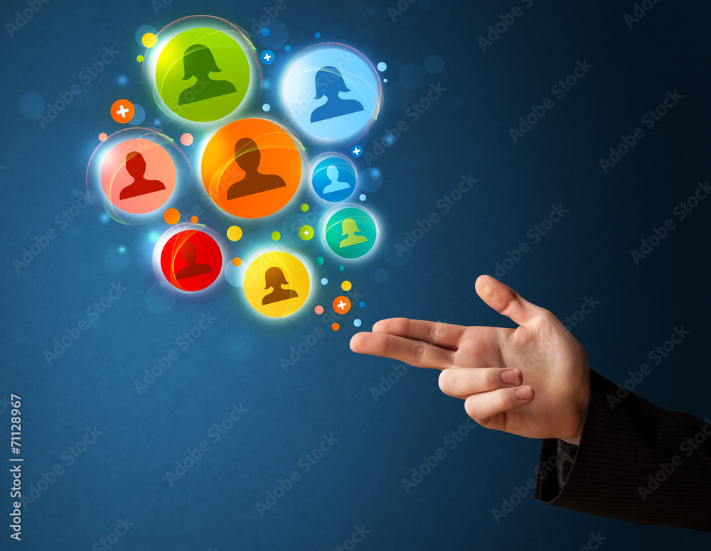 Social media icons coming out of gun shaped hand Social media icons coming out of gun shaped hand
