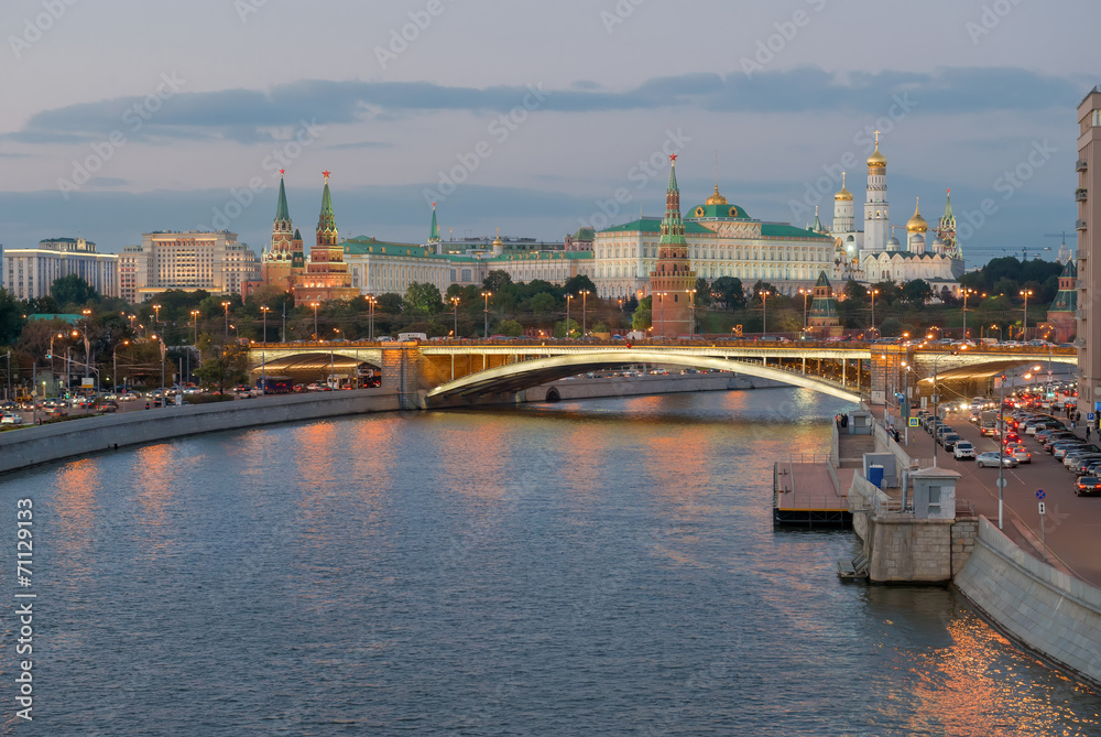 Night view of Moscow Kremlin in the summer, Russia