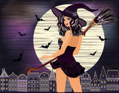 Happy Halloween. Sexy young witch with and night city