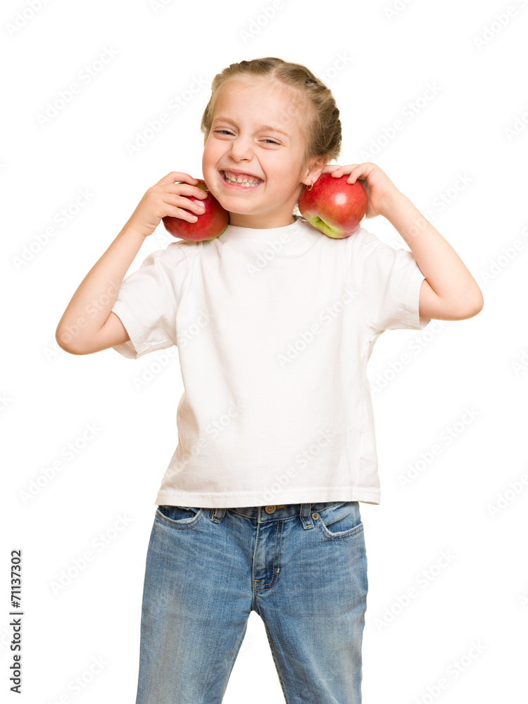 little girl with fruits and vegetables on white little girl with fruits and vegetables on white