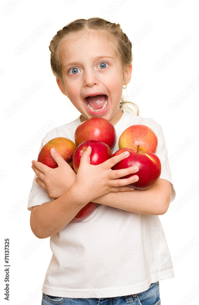 little girl with fruits and vegetables on white little girl with fruits and vegetables on white