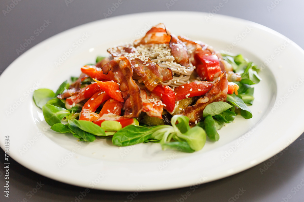 warm salad with noodle and bacon