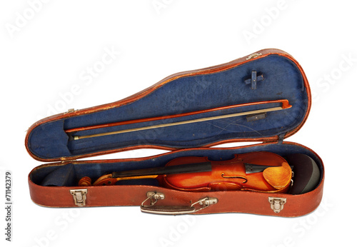 Old violin with the bow in hard cover isolated on a white backgr