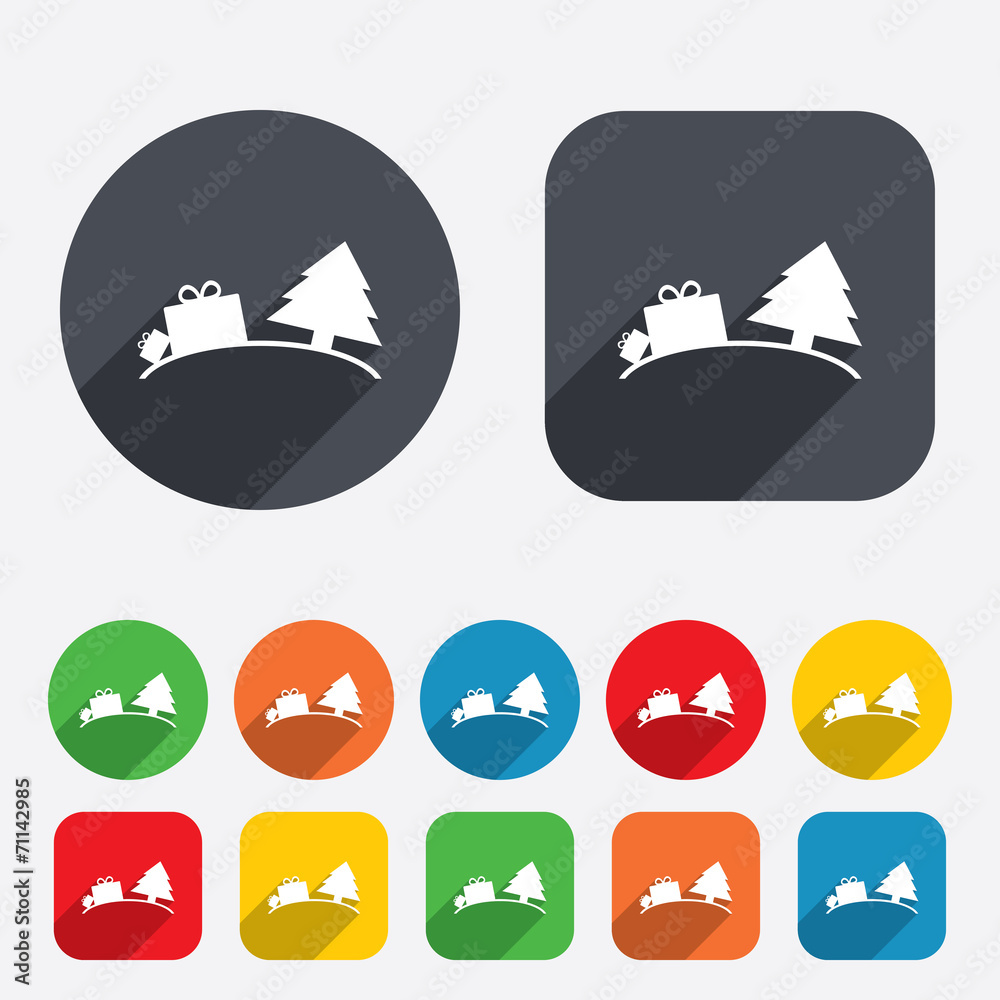 Happy new year sign icon. Gifts and tree. Happy new year sign icon. Gifts and tree.