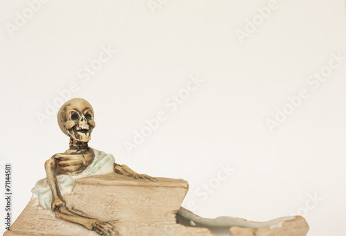 Skeleton wearing shroud reclining in coffin