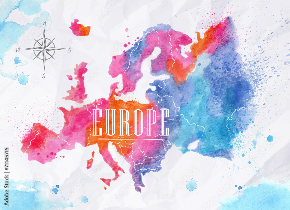 Watercolor Europe map pink blue - obrazy, fototapety, plakaty 