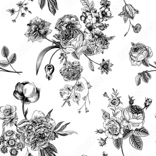 Seamless vector vintage pattern with Victorian bouquet.