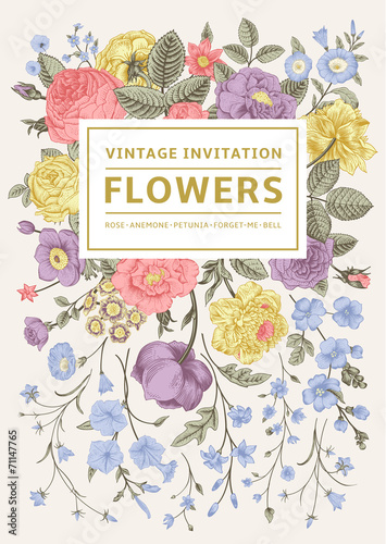 Vertical invitation. Vintage greeting card.
