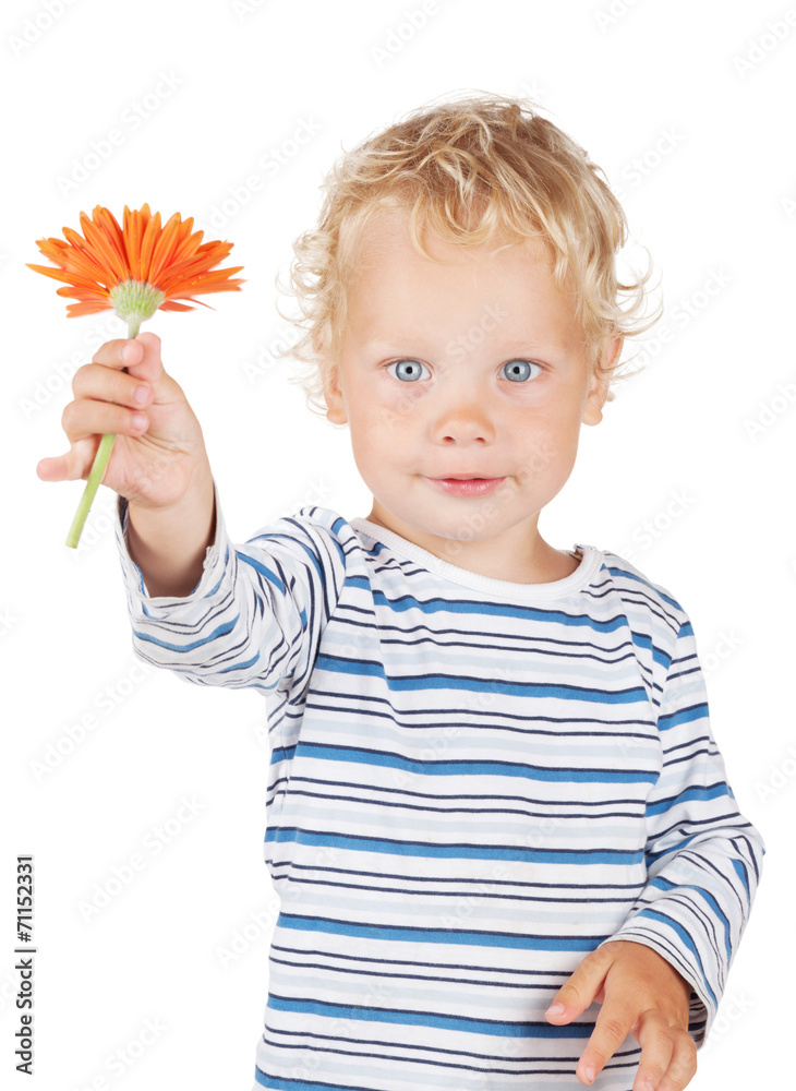 White curly hair and blue eyes baby with flower - obrazy, fototapety, plakaty 