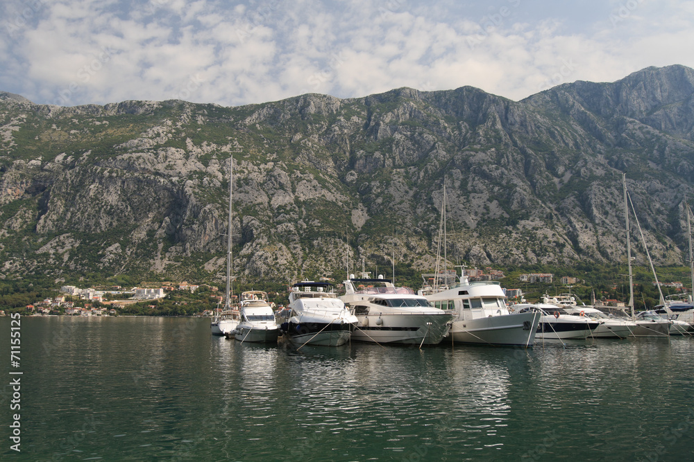 Small yacht in the Bay of Kotor in Montenegro