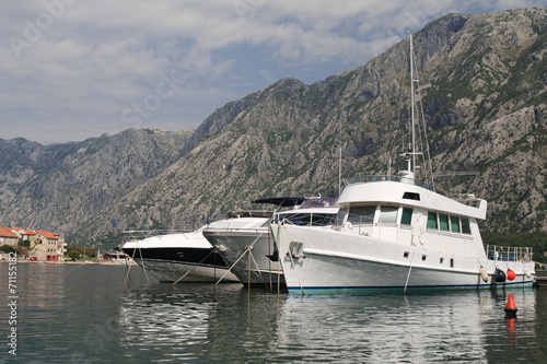 Beautiful white yacht in the Bay of Kotor in Montenegro