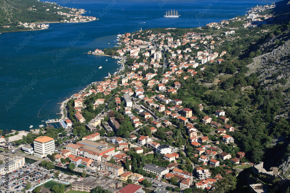 view of the town of Kotor, the mountains and the bay