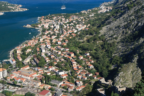 The town of Kotor, surrounded by mountains and the sea bay.