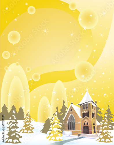 Beautiful landscape with the gilded sky in winter