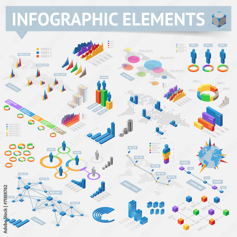 Set of isometric infographics design elements - obrazy, fototapety, plakaty 