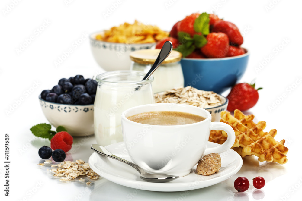 Healthy breakfast - yogurt, coffee, muesli and berries Healthy breakfast - yogurt, coffee, muesli and berries