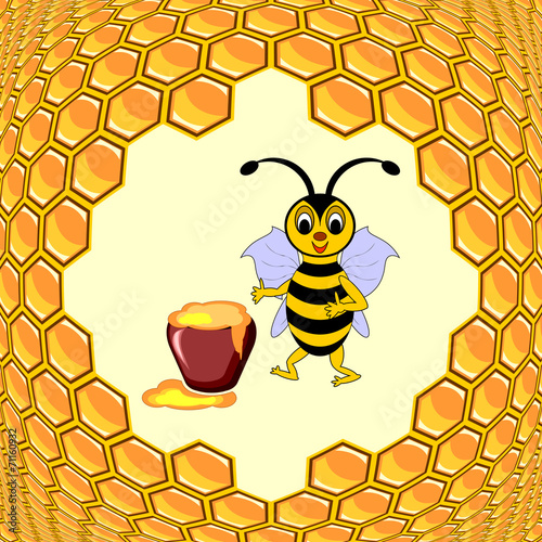 A cute cartoon bee with a honey pot surrounded by honeycombs