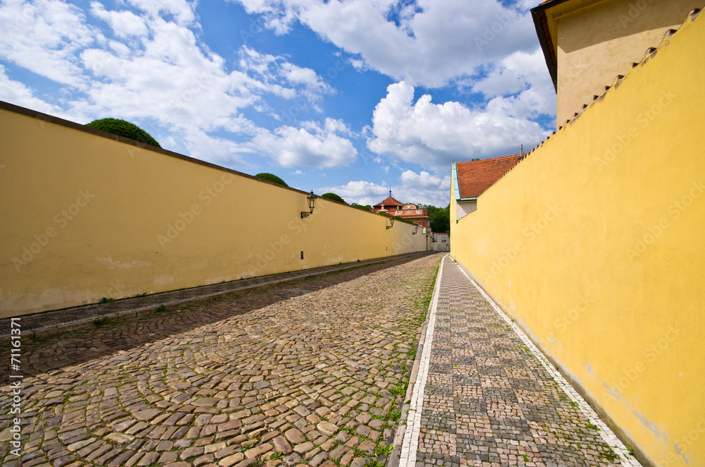 Obraz premium Narrow cobblestone street with wall, Prague, Czech Republic
