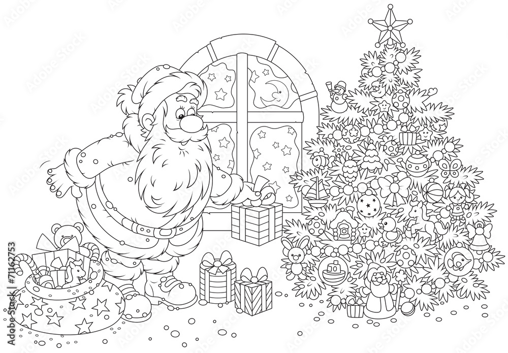 Santa Putting Presents Under A Christmas Tree