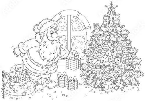 Santa Claus putting gifts under a Christmas tree