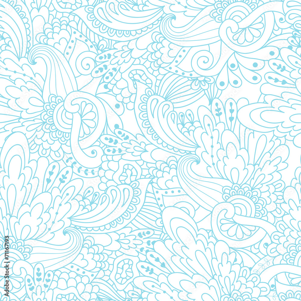 Fototapeta premium Hand-drawn doodle waves floral pattern, abstract blue leaves and
