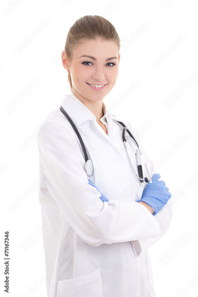 happy young beautiful woman doctor in rubber gloves isolated on happy young beautiful woman doctor in rubber gloves isolated on